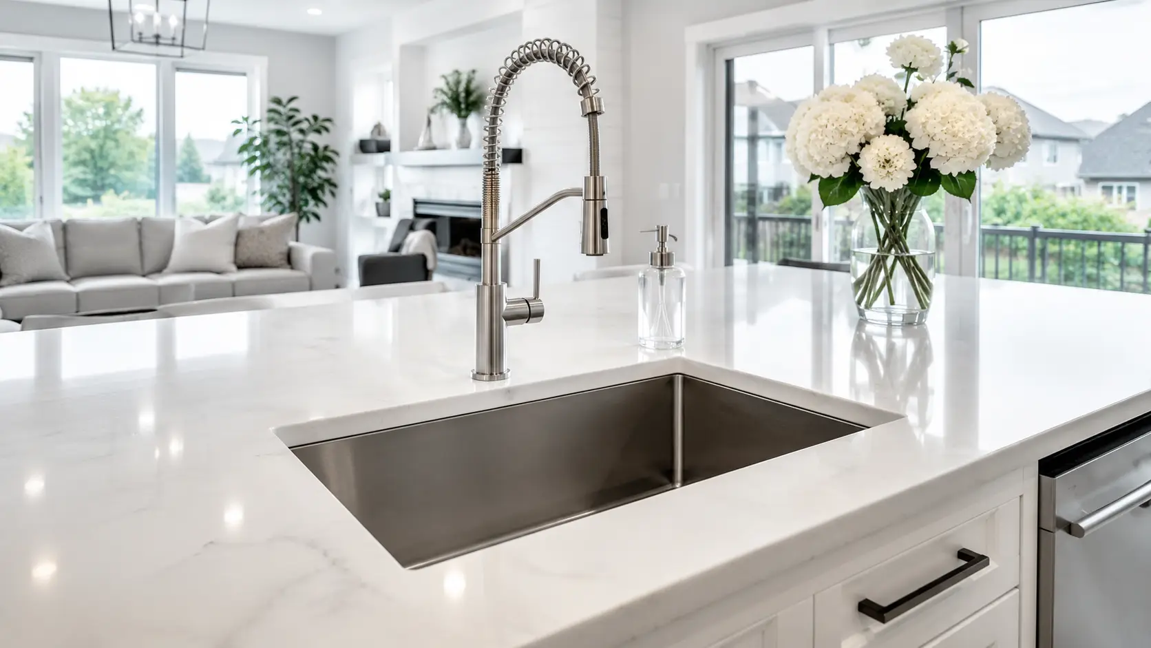 A bright modern kitchen with a clean new sink and fixtures